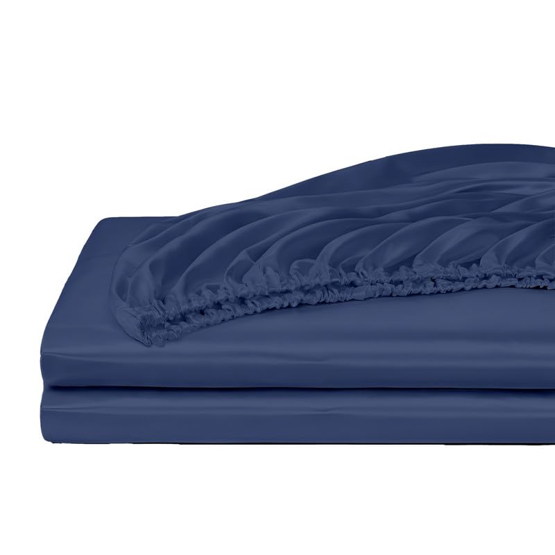Image of Filbert - Premium Satin Fitted Bedsheet Single Bed (36x75 Inch) with 1 Pillow Cover | Hypoallergenic Breathable | Hair and Skin Friendly, Women Gift Choice|Navy Blue