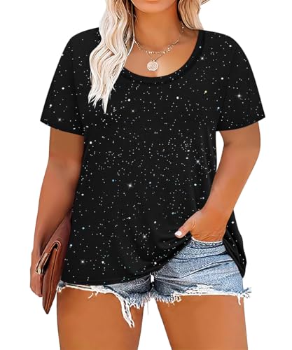 Image of CARCOS Plus Size Tops for Women Short Sleeve Shirt Summer Star /Leopard /Tie Dye /Flower Crewneck Pullover Tunic XL-5XL