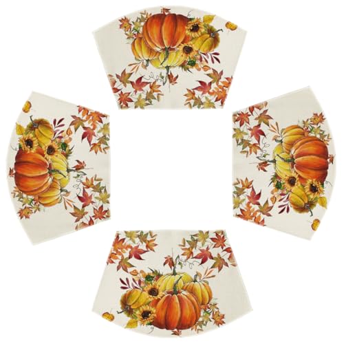 Artoid Mode Pumpkin Maple Leaves Sunflower Round Table Wedge Placemats Set of 4, Seasonal Fall Kitchen Dining Table Decoration for Indoor Party Home