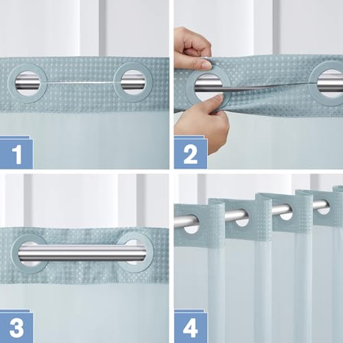 Image of Furlinic No Hook Needed Shower Curtain 71x75 Inch,Waterproof 180GSM Fabric with Magnetic Weighted Hem and Fog Blue Waffle Weave,Machine Washable Hotel-Grade Bath Curtain with Clear Window.