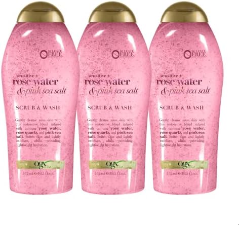 OGX Sensitive + Pink Sea Salt & Rosewater Sulfate-Free Soothing Body Scrub with Healing Rose Quartz, Gentle Exfoliating Daily Body Wash to Soften & Smooth Skin, 19.5 Fl Oz (pack of 3)