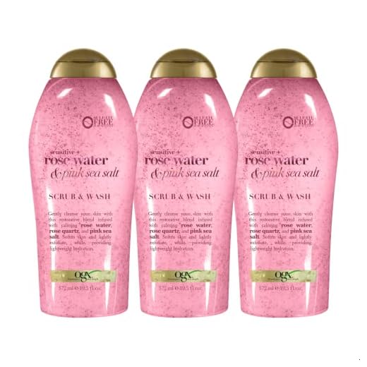 OGX Sensitive + Pink Sea Salt & Rosewater Sulfate-Free Soothing Body Scrub with Healing Rose Quartz, Gentle Exfoliating Daily Body Wash to Soften & Smooth Skin, 19.5 Fl Oz (pack of 3)