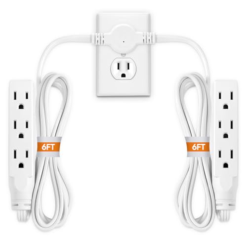 Twin Extension Cord Power Strip - 12FT Dual Extension with Flat Wall Plug, Split Extension Cord with Multiple Outlets,Double Head Outlet for Behind Bed, Couch,Indoor Flush Design(White)