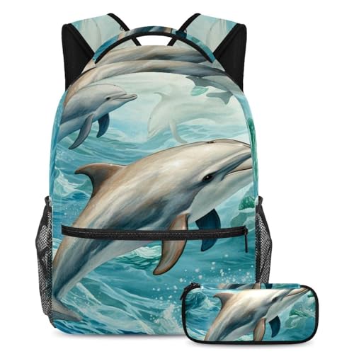 Sac à dos baleine ocaen bleu avec trousse grand format pour élève