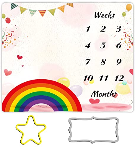 Image of Baby Monthly Milestone Blanket Boy - 48"x40" Rainbow Theme Baby Month Blanket for Boys - First Year Calendar Growth Chart Photo Props for Newborn Photography Backdrop BTGJME90