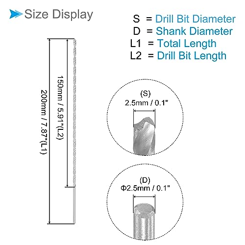 CoCud Extra Lange Spiralbohrer 2.5mm Bohrer Bit Durchmesser 200mm Gesamt Länge Schnellarbeitsstahl Drehbohrer - (Anwendung: für Gehärtetes Metall Holzarbeiten Plastik Aluminium) 6Stk