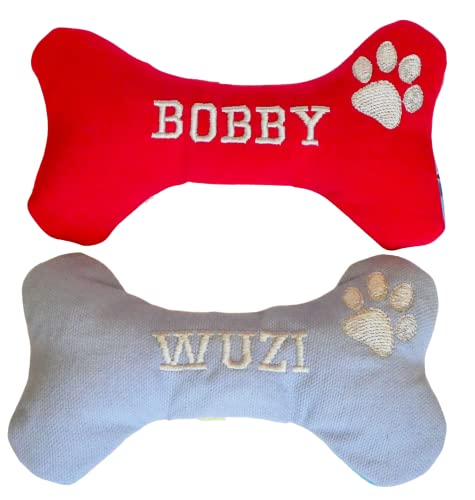 Handmade Welpen Hunde Spielzeug Hundespielzeug Quitscher Knochen Pfote mit Name Bestickt personalisiert (Blau)