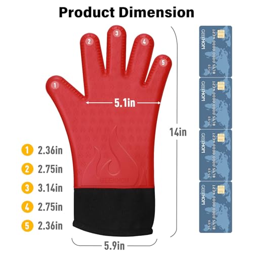 Image of GEEKHOM Silicone Grilling Gloves, Heat Resistant Oven Mitts, BBQ Gloves, Waterproof Non-Slip for Barbecue, Cooking, Baking, Fryer, Red