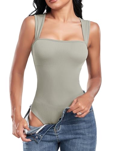 Vancavoo Body Ajustado Mujer Bodysuit sin Mangas Bragas con Botón Elástico Body Suit Chaleco de Cuello en U Mono de Fiesta Sexy Bodycon Ribbed Leotard Body Reductor Jumpsuits(Gris,M)