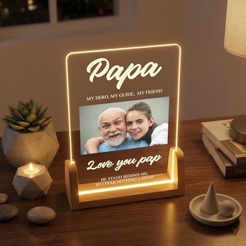 Image of Giftplease Personalized Rectangular Acrylic Wood Photo Frame | Warm LED Light Base Custom 1 Picture Horizontal Script Night Decor for Father Papa Husband | Fathers Day Best Dad Birthday Tabletop