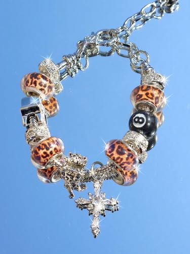 Beaded Y2K Bracelet with Leopard Charms – Chunky Chain Statement Jewelry with Cross Pendant, 8 Ball, Teddy Bear for Grunge Street Style2