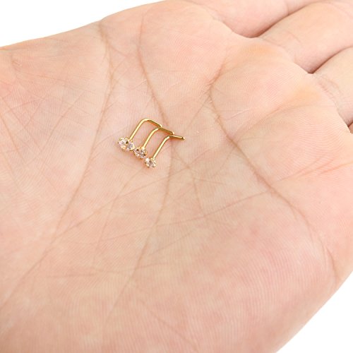 Zifoan 3 Pcs Stainless Steel Nose Rings Studs 20 Gauge L Shaped Curved Nose Piercing Jewelry 2mm 2.5mm 3mm Diamond CZ Nose Stud L Bend for Women Girl Piercing - Gold3