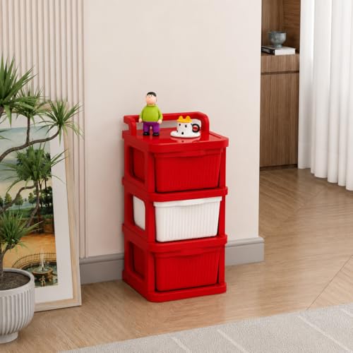 Image of JD FRESH 3 Tier Plastic Storage Drawer Cabinet with Wheels /Plastic Storage Drawer /Multipurpose Chest of Drawer /Storage Box for Living Room, Office and Home /Toys Organizer for Kids Room (Red)