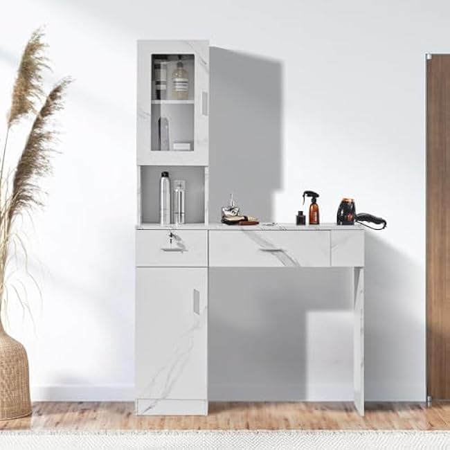 VEVOR Salon Station, Wall Mount Barber Salon Station for Hair Stylist, Beauty Spa Furniture Set, 1 Storage Cabinet, 3 Cubbies and 2 Drawers(One Lockable), White-pqZ3XXqX