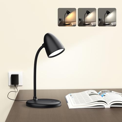 Image of LED Desk Lamp for Home Office, 3 Light Colours, Flexible Gooseneck Dimmable Reading Light for Bedside, Small Desk Lamp for College Dorm, Bedroom, Desk Lamp