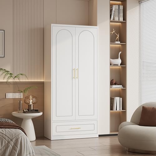Polup Metal Wardrobe Closet with Drawer, 71\" Tall Armoire Wardrobe Closet with Hanging Rod, Freestanding Clothing Storage Cabinet with Doors, Large Wardrobes for Bedroom, White, Assembly Required