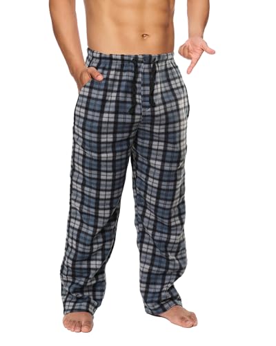 Active Club Men's Sleep Pajama Bottoms - Fleece Lounge Pants (Grey & Navy Plaid, X-Large)