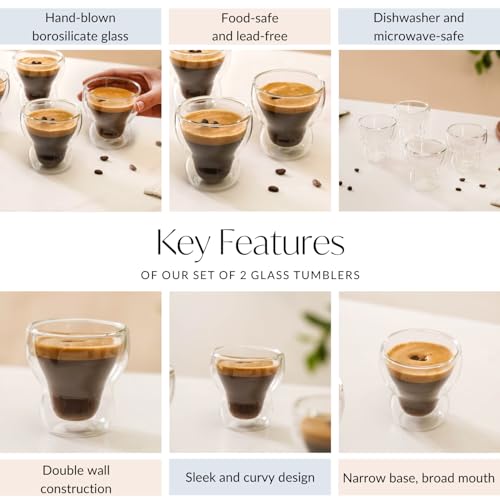 Image of Nestasia Set of 2 Double-Wall Tumblers (150ml) | Sleek, Glassware for Cold Beverages, Espresso, and Cocktails | Microwave & Dishwasher Safe, Lead-Free