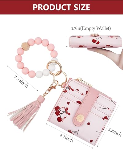 Image of Keychain Wallet Wristlet for Women,RFID Small Cherry Bow Wallet | Wallet Wristlet with Zipper Coin Pocket,Vegan Leather Card Wallets for Women, 2 ID Window,Gift
