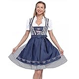 OEAK Dirndl Damen Midi Trachtenkleid Oktoberfest Trachtenrock Trachtenkleid 3 Teilig Kleid, Bluse, Schürze Dirndl Kleid für Frauen Mädchen(Kariert- Blau,XL)