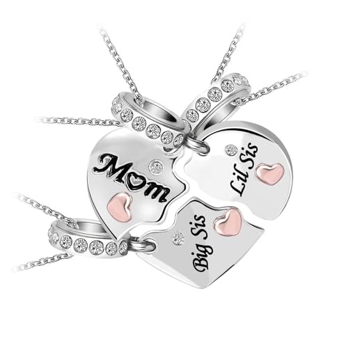 KunBead Mom Big Sister Little Sister Rose Gold Tone Matching Puzzle Heart Charm Birthday Pendant Necklaces set for 3 Mothers Day Gifts from Daughter