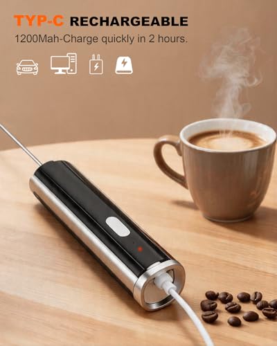 Image of 3-Speed Rechargeable Milk Frother Handheld with Stand & 3 Whisks, Dual Coil Whisk Coffee Frother Handheld - Electric Frother Wand for Coffee Matcha Cappuccino, Kitchen Gift Set, Black