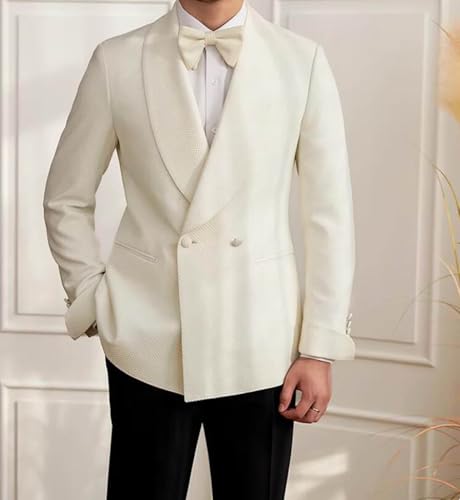Men's White Shawl Lapel Double Breasted Formal Tuxedo Blazer Jacket, Two Side Pockets2