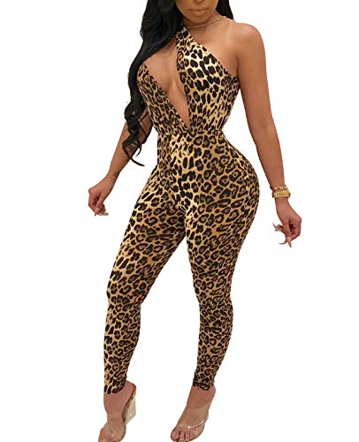 Rela Bota Women's Sleeveless Cut Out Skinny Long Pants Jumpsuits Rompers Clubwear Leopard Print Medium