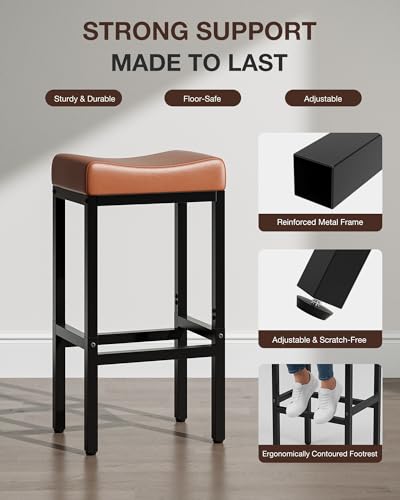 Image of Bar Stools Set of 3-24 Inch Counter Height Chairs for Kitchen Island, Leather Seat with 400 LBS Heavy-Duty Metal Frame and Adjustable Feet, Easy to Assemble for Bar, Cafe or Dining Room,Brown