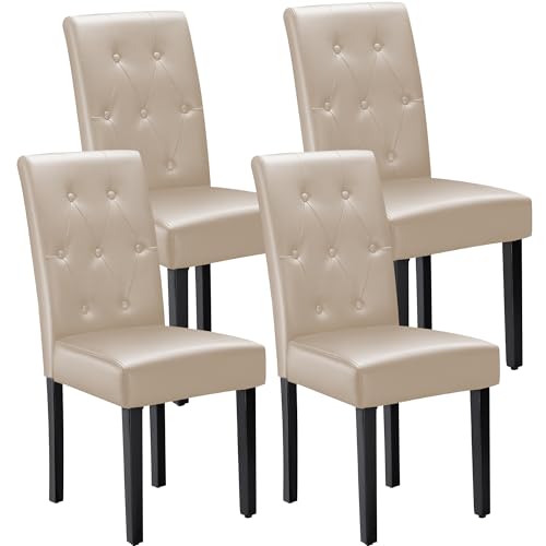 Image of Furmax Ergonomic Dining Chairs Set of 4, PU Leather Dinning Room Chairs, Button Tufted Kitchen Chairs with Adjustable Wood Legs for Kitchen Living Room (Leather Beige, 4)