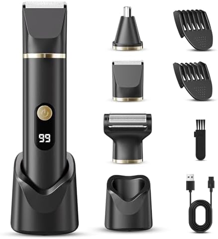 Beard Trimmer for Men, IPX7 Waterproof Body Hair Trimmer Electric Razor Shaver Body Grooming Kit Wet/Dry Use for Groin, Nose, Ear Hairs, Beard, Legs, Chest
