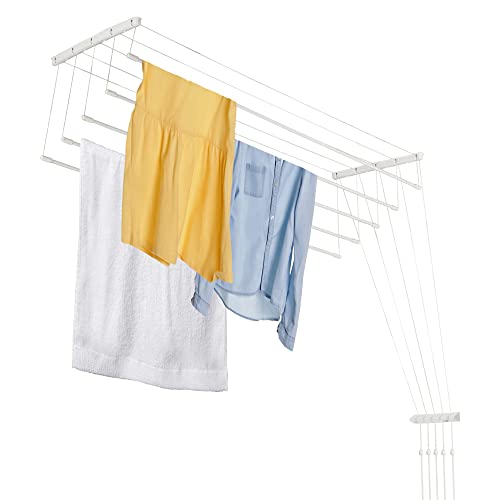 KADAX Tendedero de Techo de Acero Resistente a la Corrosión con Sistema de Subida y Bajada para para Interiores y Exteriores (Blanco, 5 x 140 cm)