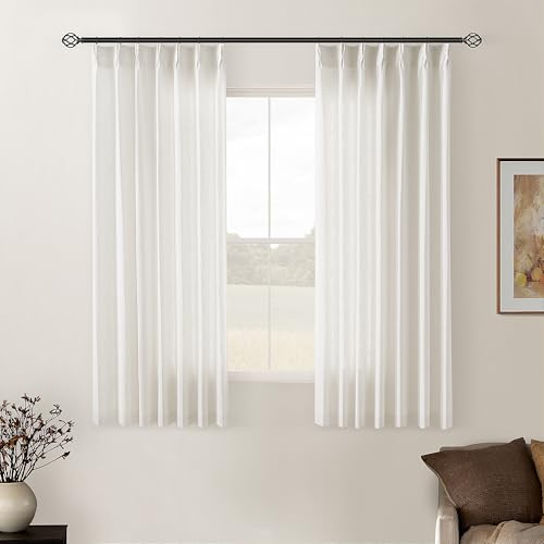 Image of Natural Linen Kitchen Curtains 45 Inches Long 2 Sets Basement Curtains for Small Window Cream Ivory Pinch Pleated Back Tab Linen Blend Short Boho Semi Sheer Back Tab Drapes for Bay Windows 40x45