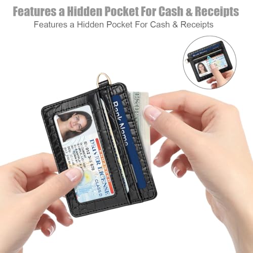 Image of Slim Credit Card Holder Crocodile Wallet Women Thin Wallets | Alligator Print RFID Blocking Minimalist Lightweight Pocket Small Cute Cards Holders ID Window, Black Croc
