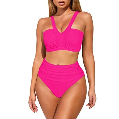 Pink Queen Women's 2 Piece High Waisted Bikini Set Bandeau V Neck Ruched Cheeky Swimsuit Bathing Suit Small Bright Pink