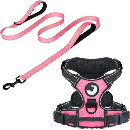 6FT Double Handle Dog Leash for Training and Dog Harness (Chest: 17-34"), Reflective Leashes for Medium Dogs and Adjustable Soft No Pull Harness (Pink,L)