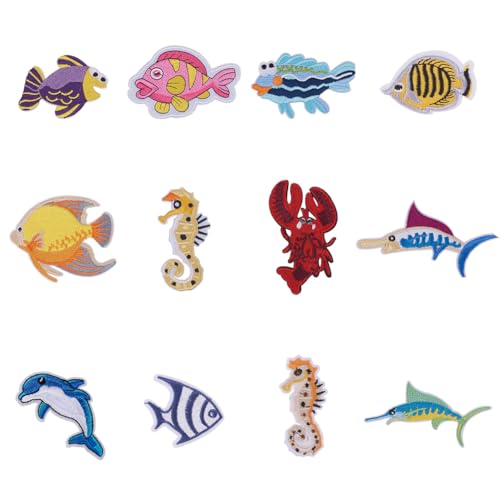 NBEADS 24 Stk. Meerestiere Zum Aufbügeln, Fisch Hai Hummer Seepferdchen Rayon Stickerei Patches Applikationen Dekorative Reparatur Patches Für Jeans T-Shirt Hut Jacke Tasche Bekleidungszubehör