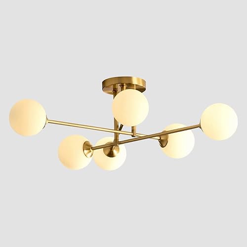 Modern Globe Sputnik Lámpara de techo empotrada de mediados de siglo, 6 luces de latón cepillado dorado semiempotrado, lámpara de techo industrial