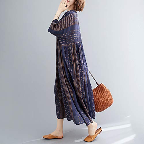 Domary Vestido feminino vintage de linho de algodão com estampa listrada O pescoço, meia manga, bols