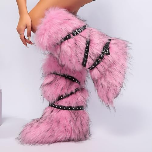 Faux Fur Boots for Women Long Furry Knee High Boots Comfy Plush Warm Snow Boots Fuzzy Outdoor Boots Winter Fluffy Indoor Flat Shoes3