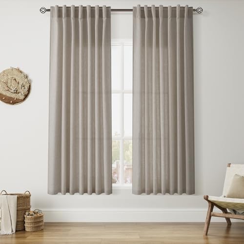 Image of Nanspring Grey Beige Linen Curtains 63 Inch Length ffor Living Room Luxury Light Filtering Semi Sheer Curtain Back Tab Simple Modern Neutral Elegant Boho Gray Drapes for Bedroom 52x63, 2 Panels