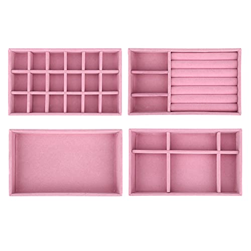 TSLBW Jewelry Trays Organizer Set of 4 Velvet Stackable Jewellery Drawer Organiser Tray Earring Ring Necklace Bracelet Display Showcase Jewelry Storage Trays 4 Style (Pink)