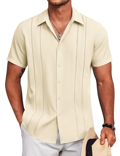 Image of COOFANDY Mens Cuban Guayabera Shirt Short Sleeve Button Down Shirts Summer Beach Vacation Shirts