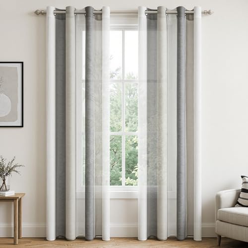 MRTREES 2 Pièces de Rideaux Voilage Blanc et Gris Noir 140x225 cm Fils Teints Rayé à Oeillets...