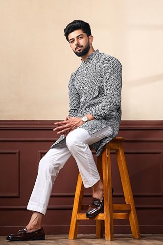 Image of ALMORA Men's Embroidered with Thread Work and Cotton Blend Only Slim Fit Kurta for Men