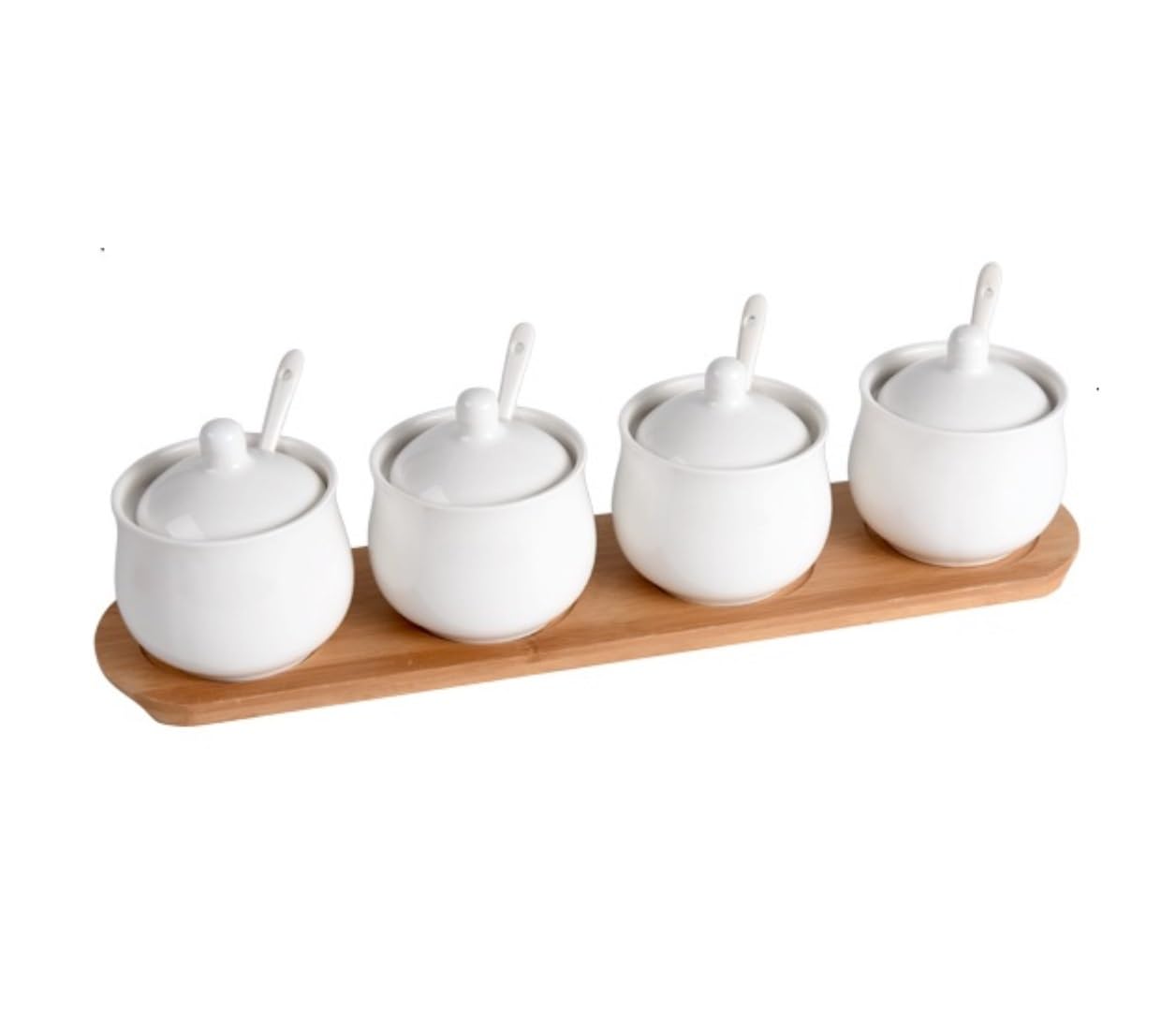 CMBSSTFC Barattoli per condimenti, contenitore per sale da cucina, pentole Set di bottiglie per condimenti in ceramica con coperchio a cucchiaio e vassoio in legno Set di scatole per condimenti Set di