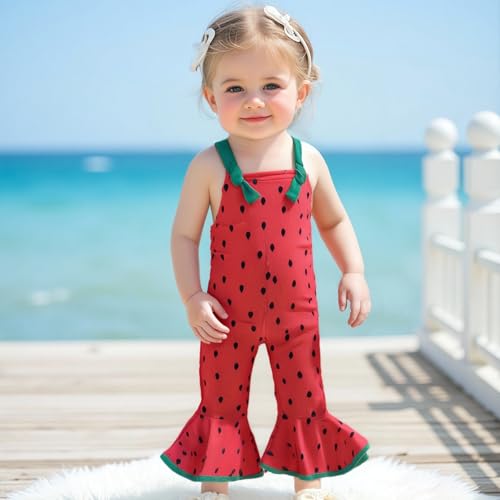 Emmababy Toddler Bell Bottom Romper Girl Watermelon Outfit Strawberry Flare Jumpsuit Kids Wide Leg Overalls Summer Clothes3
