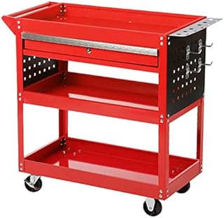 Heavy Duty Garage Tool Storage Trolley Cart on Wheels , 3 Tier Shelf DIY Tool Trolley with Sliding Drawer , Tool Boxes Tool Storage Cabinet Workshop Parts Organiser Unit Tools Red for Garage w/4 Hooks