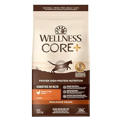Wellness CORE+ Adult Dry Cat Food, Natural, Wholesome Grains Kibble, Digestive Health Chicken and Rice Recipe, 5 lb Bag