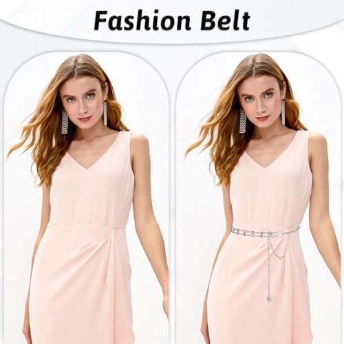 Thinp 2 Pieces Chain Belts for Women Fashion Plus Size Waist Chain Belt Women Rhinestone Chain Belt for Dress Belt Silver Waist Belt Belly Chain Skinny Waist Band for Jeans Concert Outfit(2 Styles)4